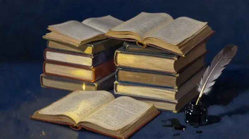 Stacked antique books and quill under soft candlelight in indigo tones