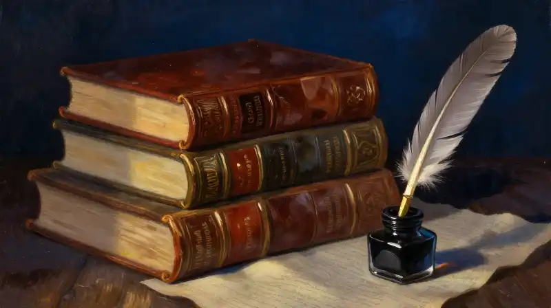 Stack of historical books and quill in moody indigo light
