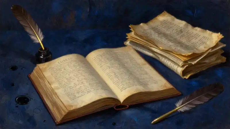 An open antique book with bookmarks in a moody blue setting