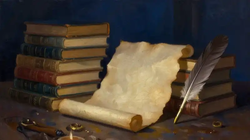 Stacks of antique books and a quill in moody blue lighting