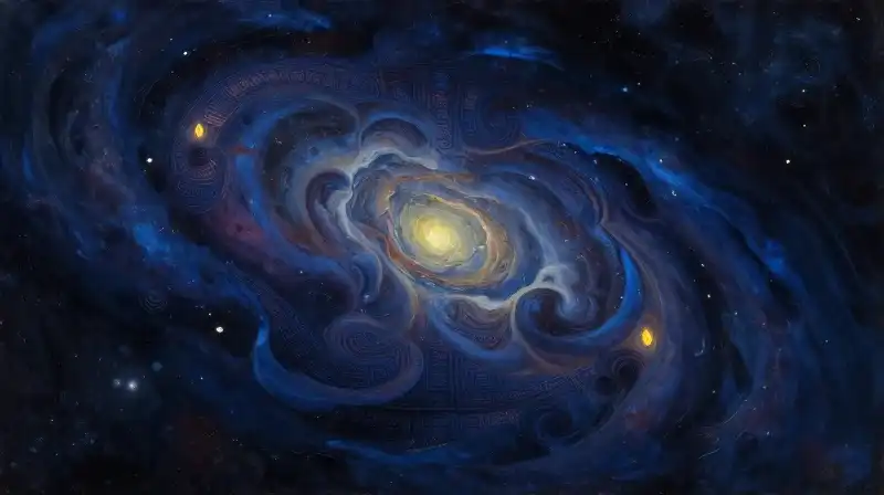 Ancient manuscript blending with cosmic celestial nebulae in deep blue tones