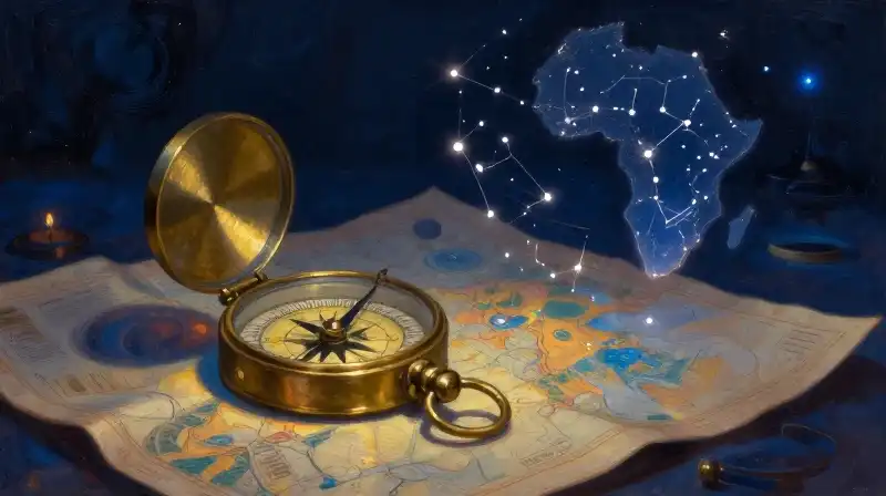 Afrofuturistic brass compass on a glowing celestial map