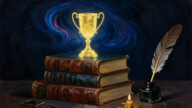Stack of books and a glowing trophy in deep blue tones