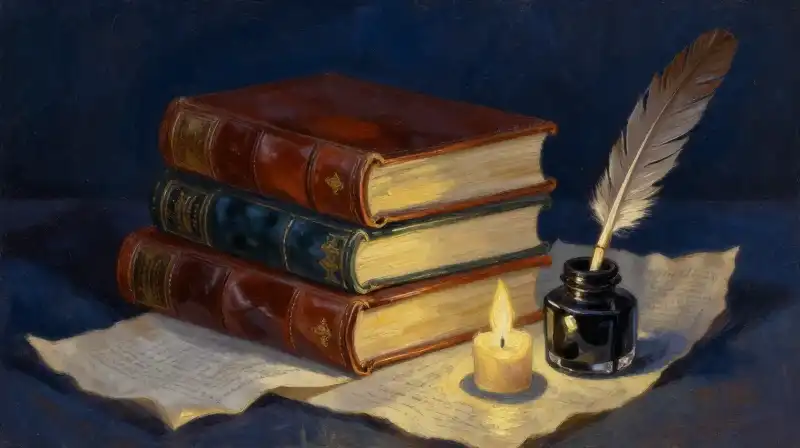 Stacked vintage books and quill in moody blue lighting