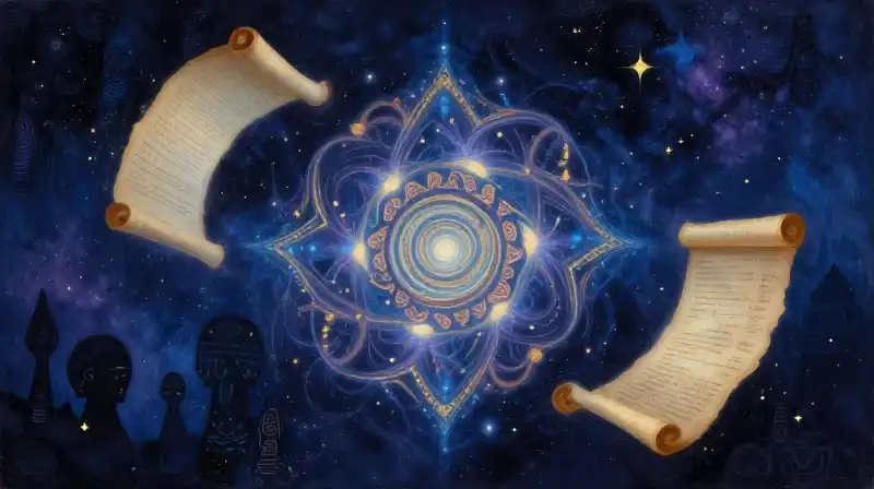 Black speculative fiction concept with cosmic patterns and ancient scrolls