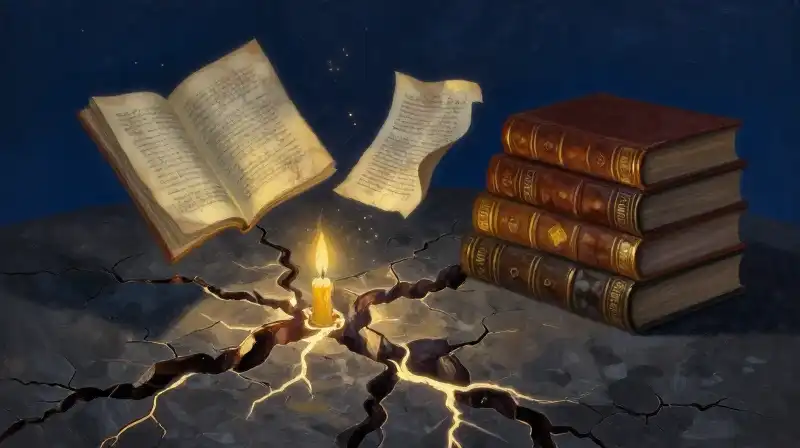 Illustrative oil painting of magical cracked earth and antique books