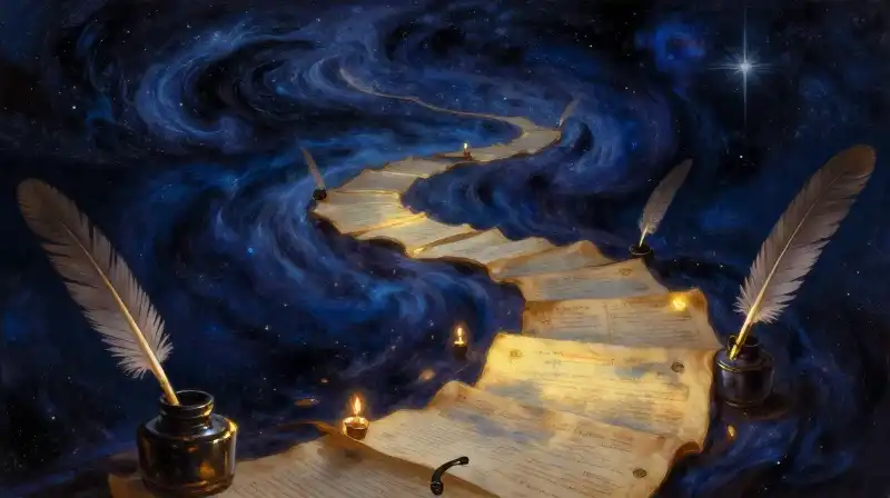 A winding path of glowing book pages through a dark blue nebula