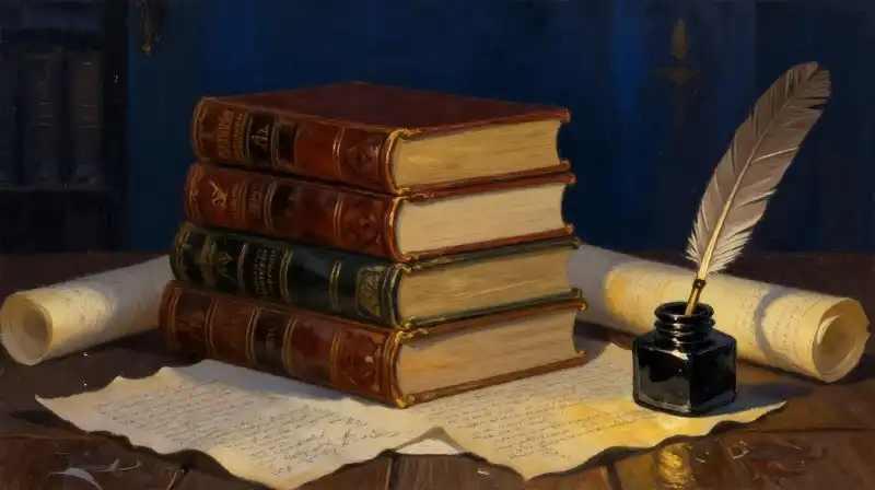 Stack of antique books and scrolls in a moody blue library