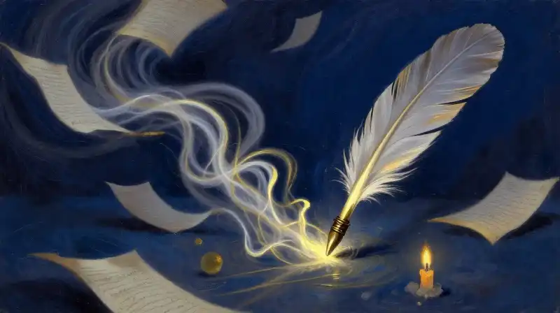 Ink quill spreading glowing light over ancient parchment in deep blue tones