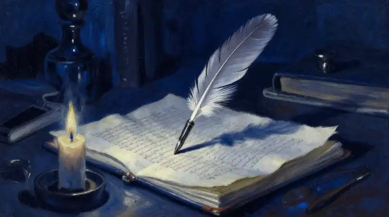A quill pen illuminating detailed manuscript text in moody blue tones