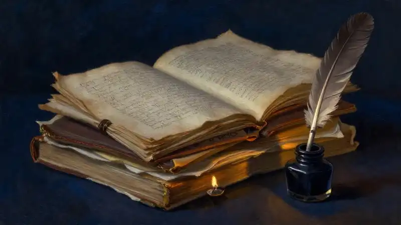 Antique manuscripts and quill illuminated by soft candlelight