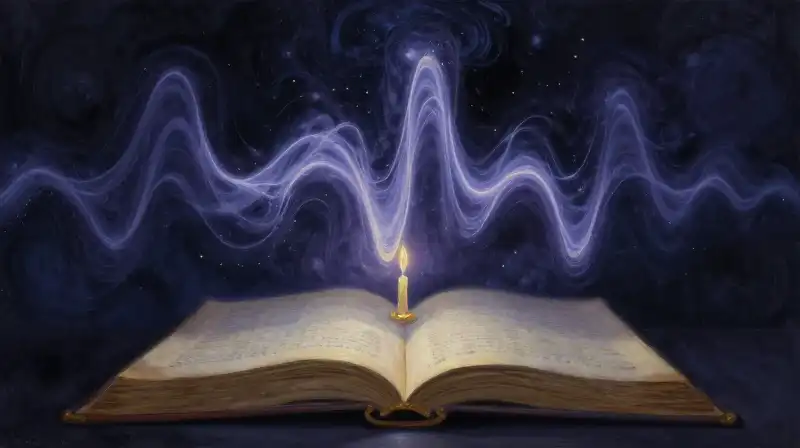 Ethereal sound waves flowing from an open book in deep blue tones