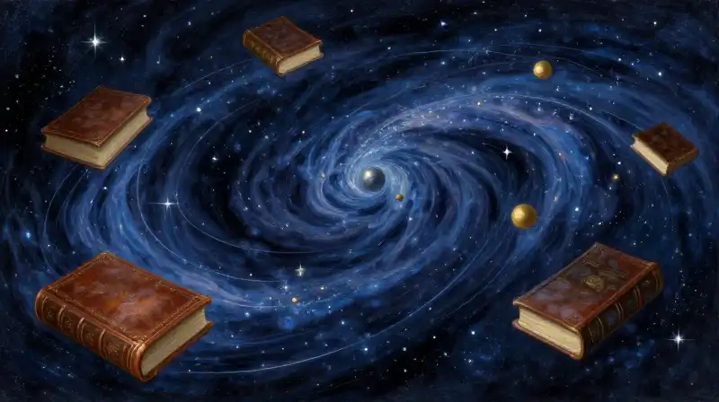 A vast cosmic path winding through ancient sci-fi books