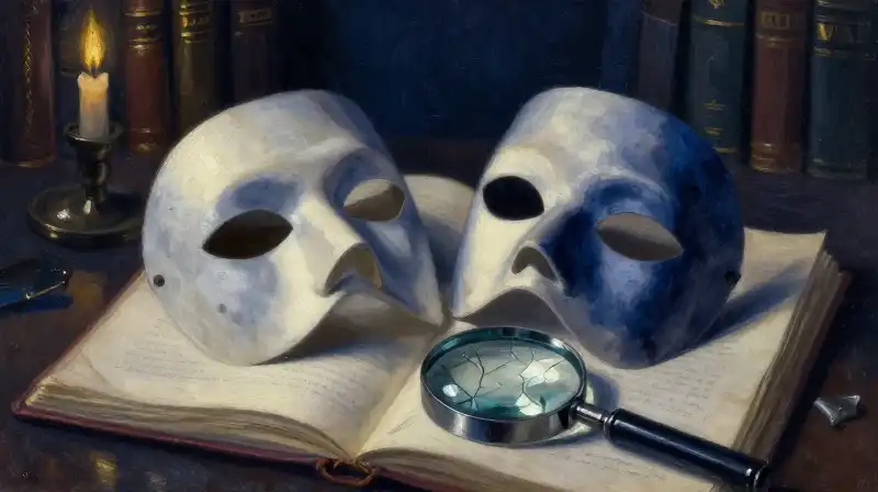 Two masks and a magnifying glass on an old book
