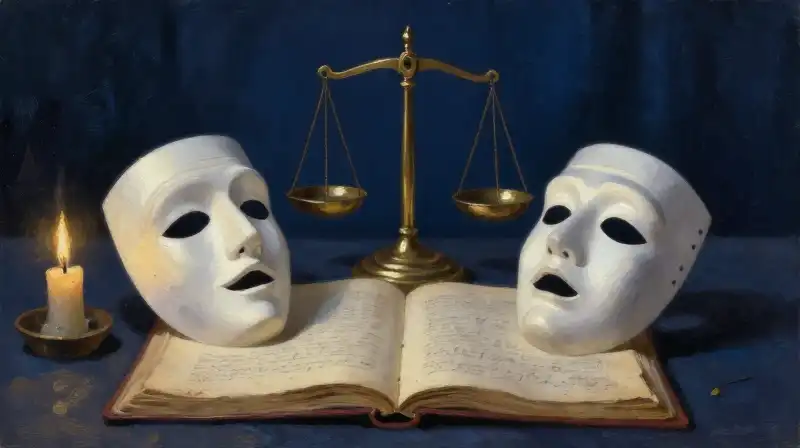 Two symbolic masks on an old manuscript in deep blue tones
