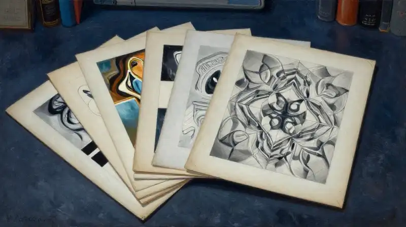 Stacked vintage manuscripts in a moody blue literary setting