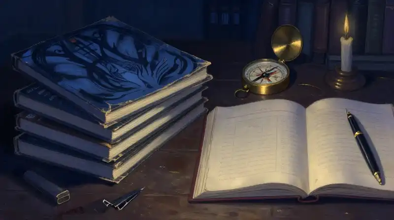 A stack of books and a compass on a dark blue desk