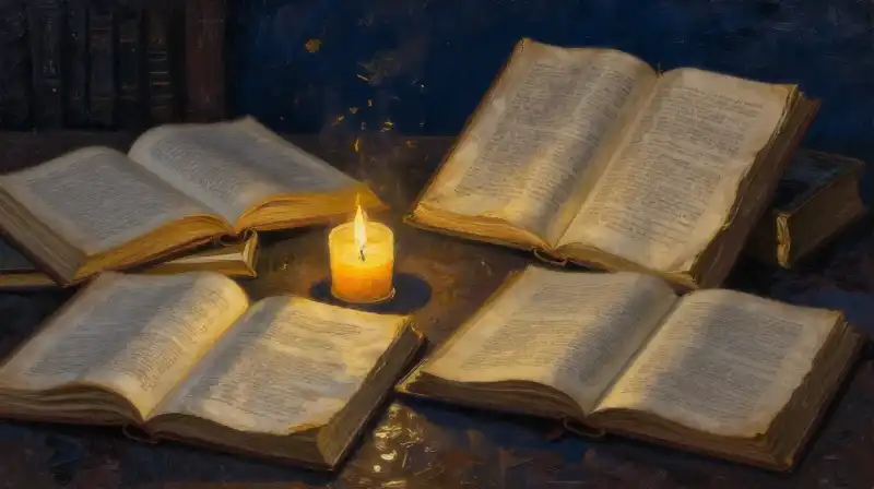 Antique books and manuscripts in a dark blue library setting