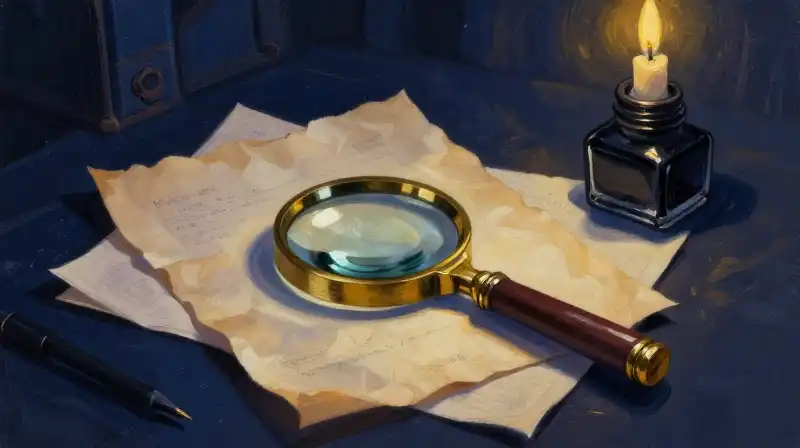 Magnifying glass and case files on a dark blue desk