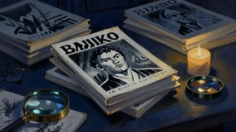 Stacked graphic novels and a magnifying glass on a dark desk