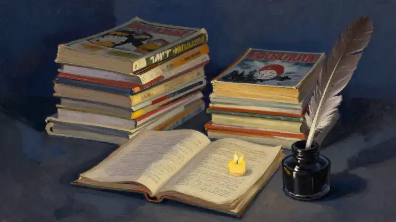 Stacked vintage comics and an inkwell in moody blue light