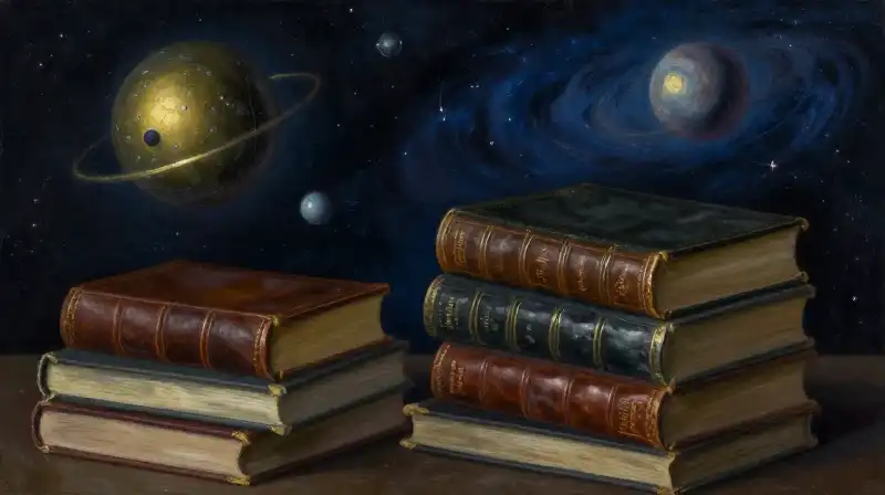 Stack of vintage and modern books amidst a cosmic nebula