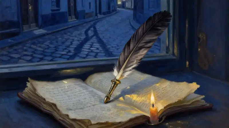 An antique quill and manuscript in moody blue tones