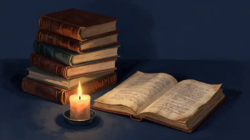 Stacked antique books and a glowing candle in midnight blue tones