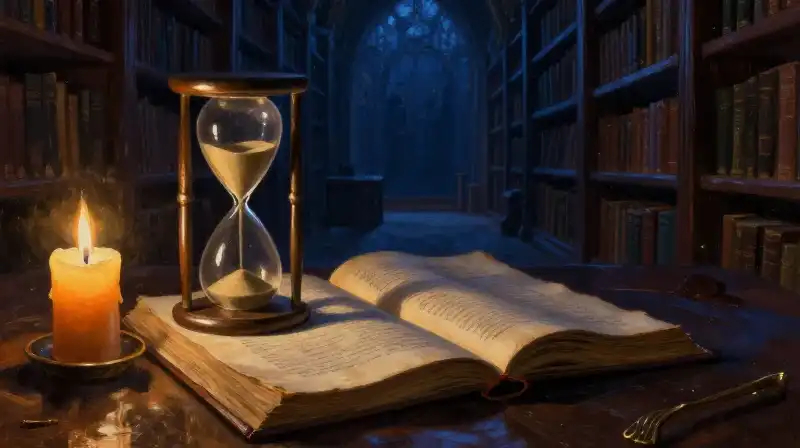 An hourglass resting on an ancient manuscript in a dark blue library