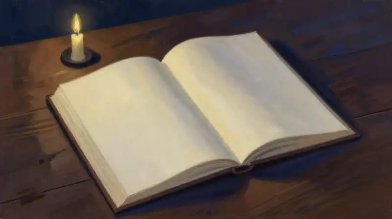 An open manuscript on a desk in atmospheric blue lighting