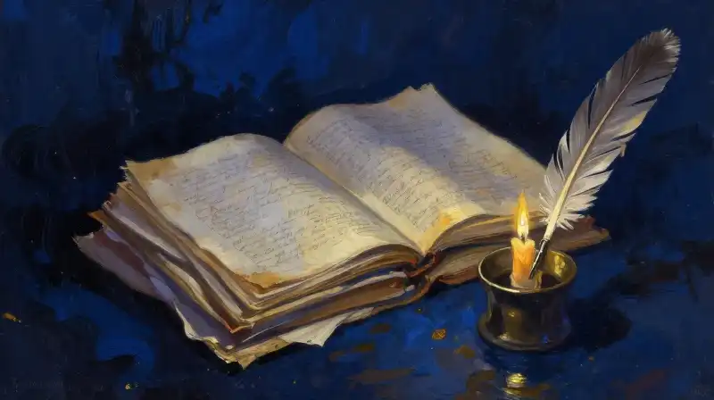 Stacked manuscripts and a candle in a moody blue study