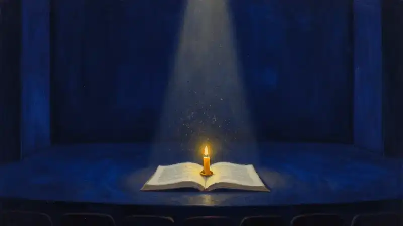An empty stage with an open manuscript in warm light