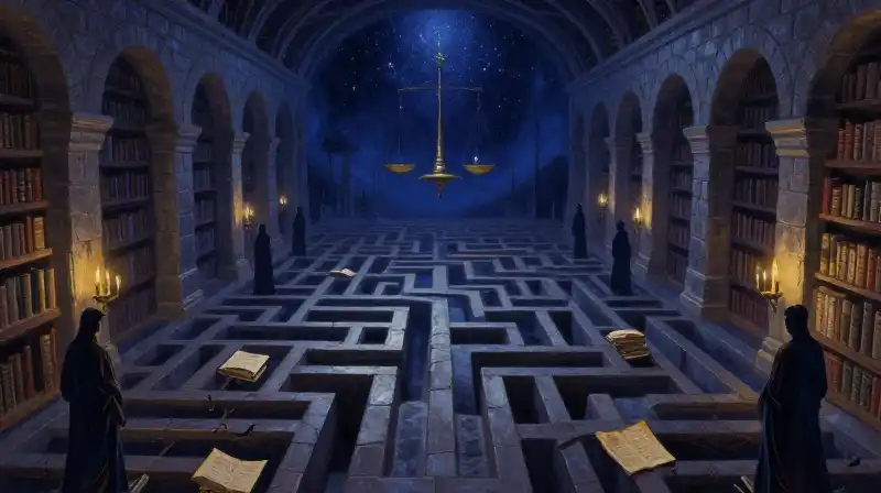 A sprawling architectural labyrinth of cosmic books and shadows