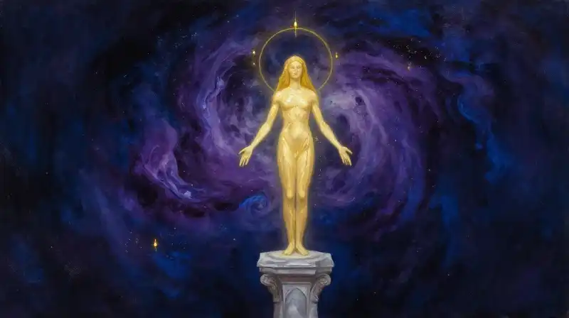 Ethereal golden hero silhouette amidst a deep blue cosmic sky