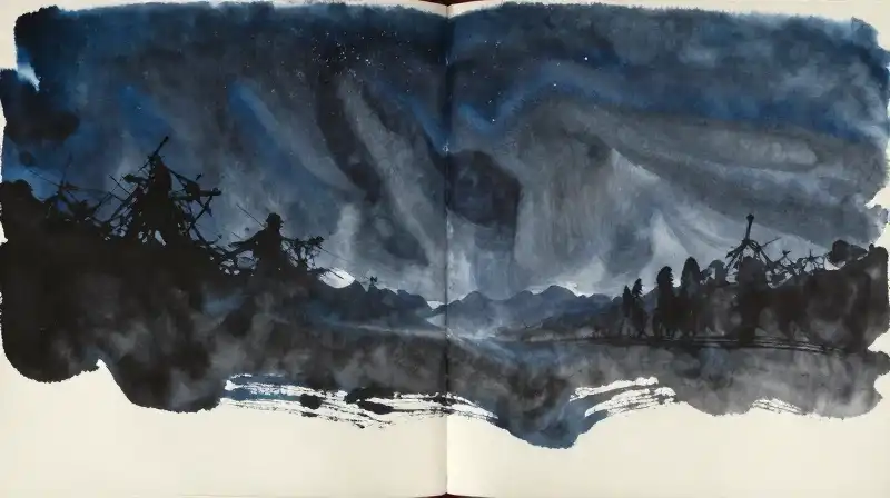Ethereal ink-wash manuscript blending narrative and art in deep blue tones