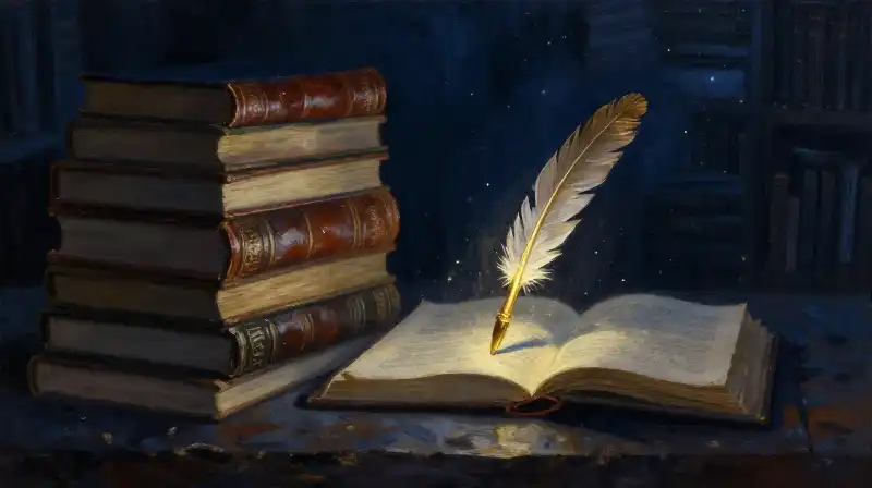 Weathered mythic books and a golden quill in deep blue light