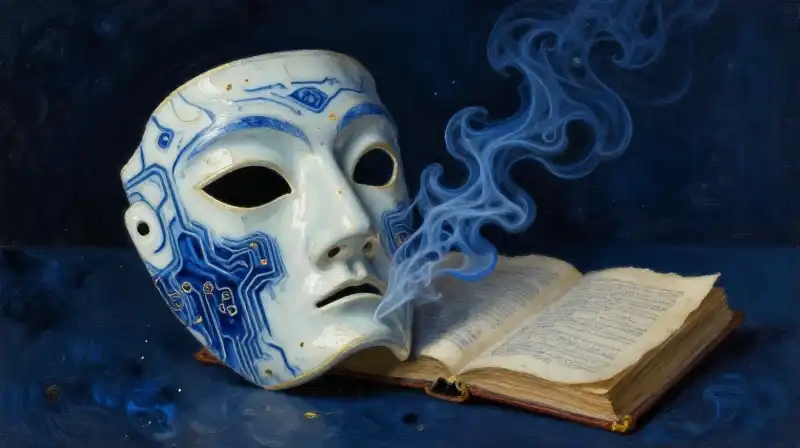 Fragmented mask and old books in moody blue tones
