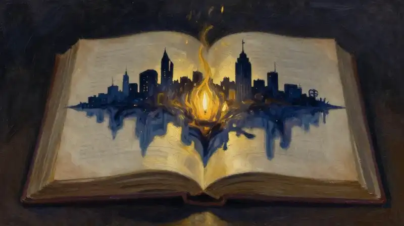 An open antique book with embers reflecting a dark city silhouette