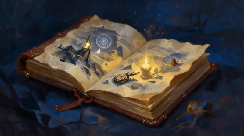 Ancient fantasy book with glowing magical artifacts and blue tones