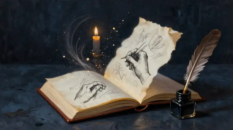 An open book with sketches transitioning from prose to panels
