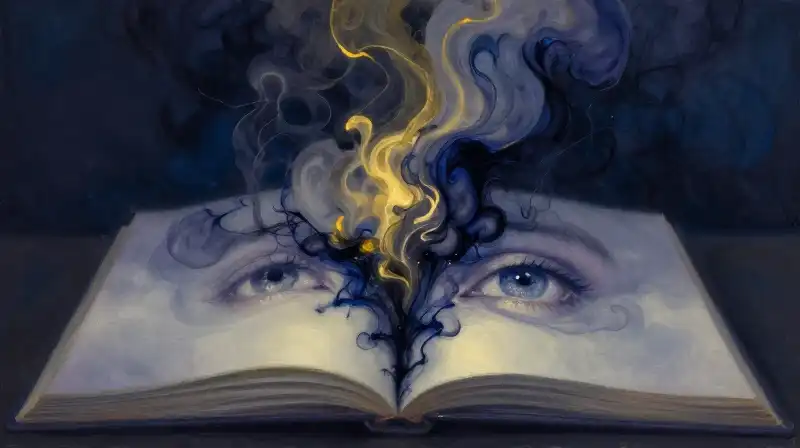 Abstract illustration of flowing ink and light merging in deep blue tones