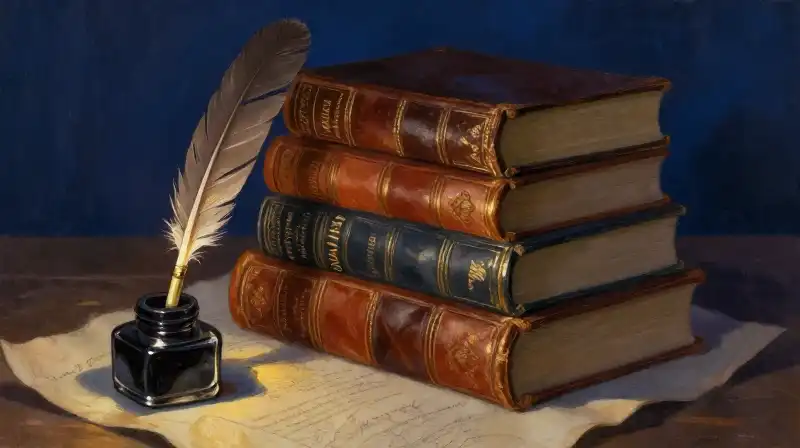 Classic leather books and quill in moody blue lighting