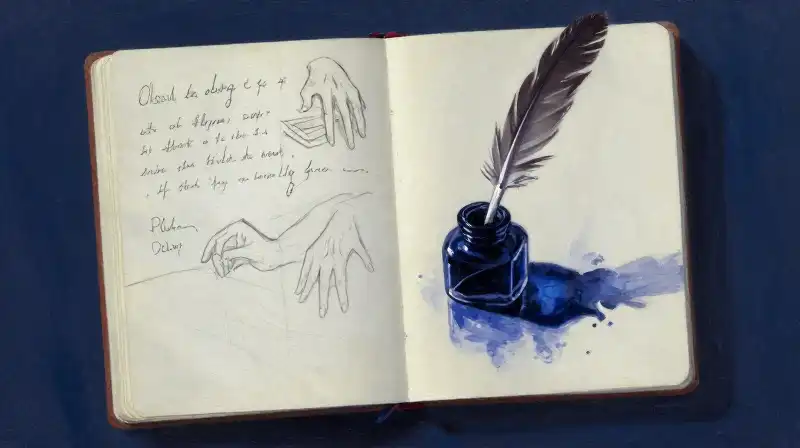 An open journal with ink sketches in moody blue tones
