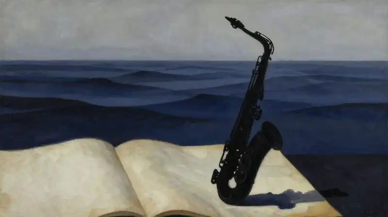 An open manuscript with a saxophone against an indigo horizon