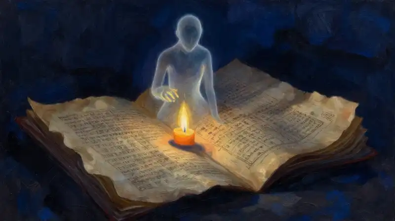 A ghostly figure emerging from an old manuscript in blue tones