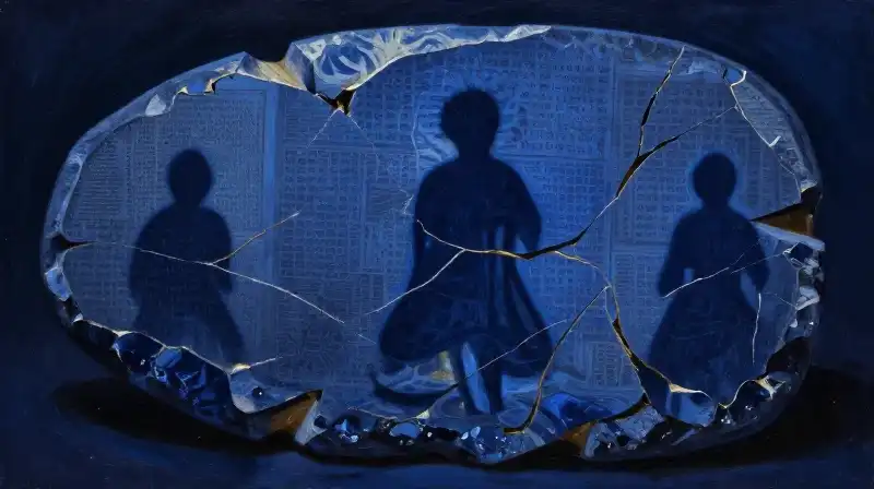 Fragmented ancient manuscripts in atmospheric indigo light