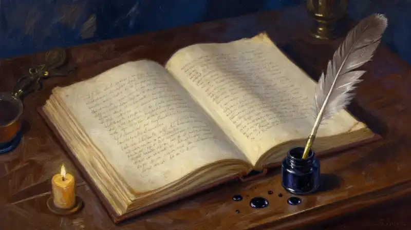 An open ancient manuscript in a moody indigo setting