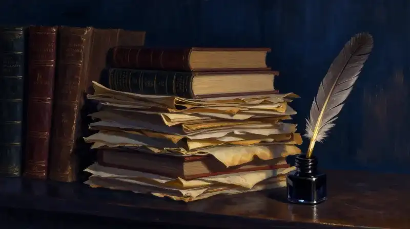 Stack of ancient books and quill in a dim blue library