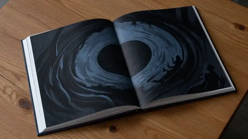 An open book revealing a dark shadowy abyss in blue tones