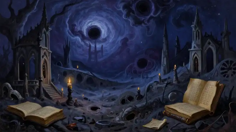 Surreal literary landscape representing different horror themes in ink blue tones